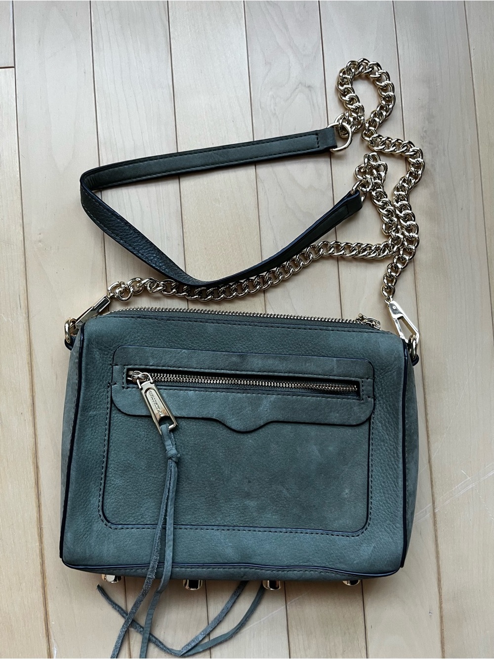 Rebecca Minkoff Green Suede Crossbody Bag with Gold Chain Strap